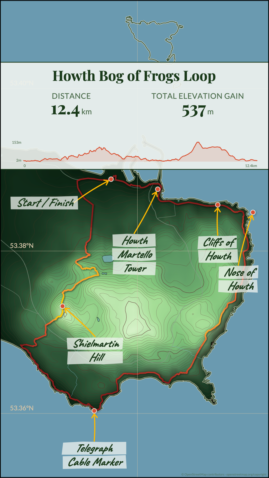 Howth Bog of Frogs Loop trail map showing a 12.4km route with 537m elevation gain, featuring topographical contours and points of interest